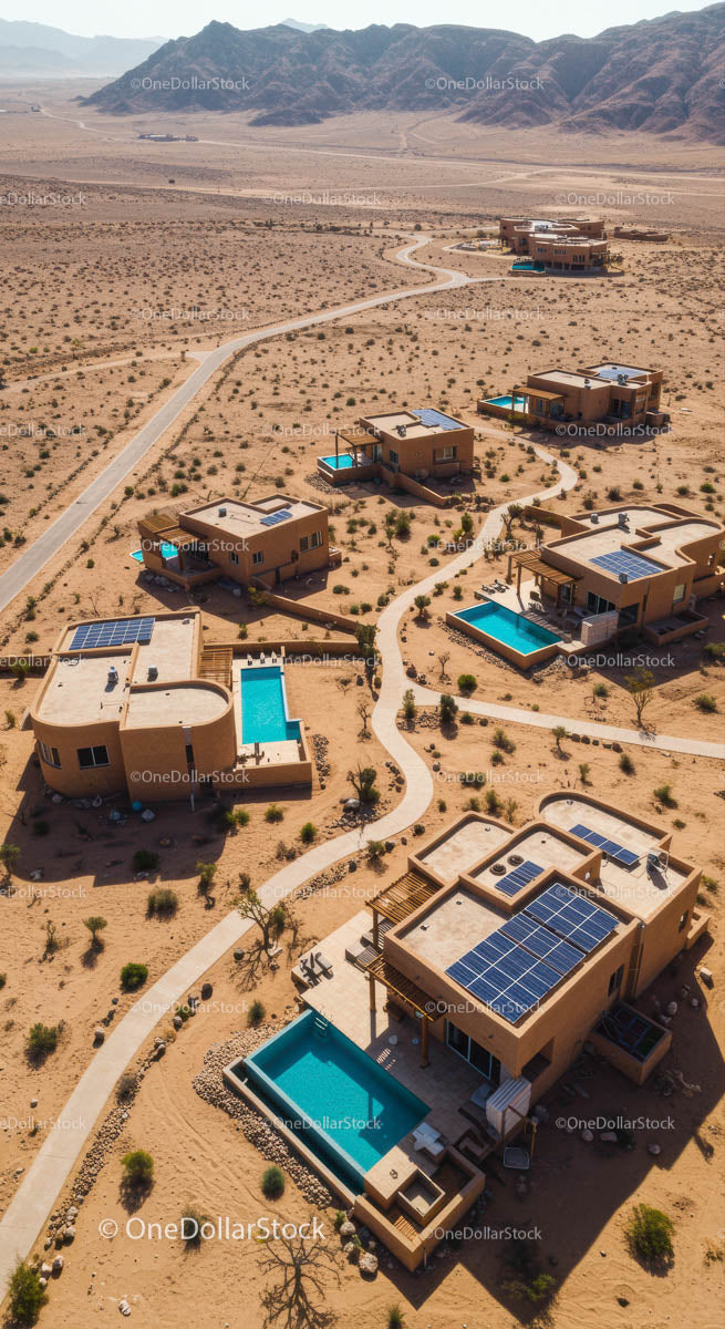 Aerial View of Desert Villas with Solar Panels