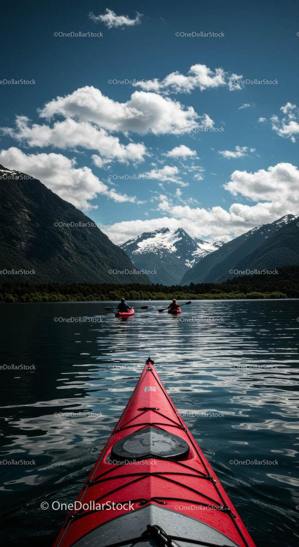 Kayaking on Mountain Lake with Snow-Capped Peaks