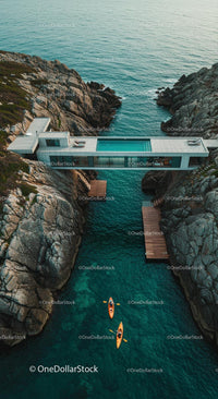 Luxury Cliffside Home with Kayakers on Turquoise Waters