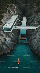 Luxury Cliffside Home with Kayakers on Turquoise Waters