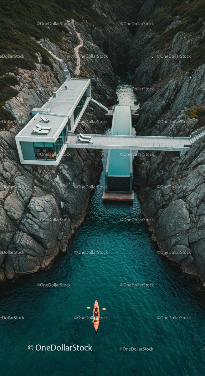 Luxury Cliffside Home with Kayakers on Turquoise Waters