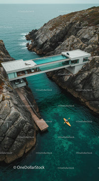 Luxury Cliffside Home with Kayakers on Turquoise Waters