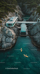 Luxury Cliffside Home with Kayakers on Turquoise Waters