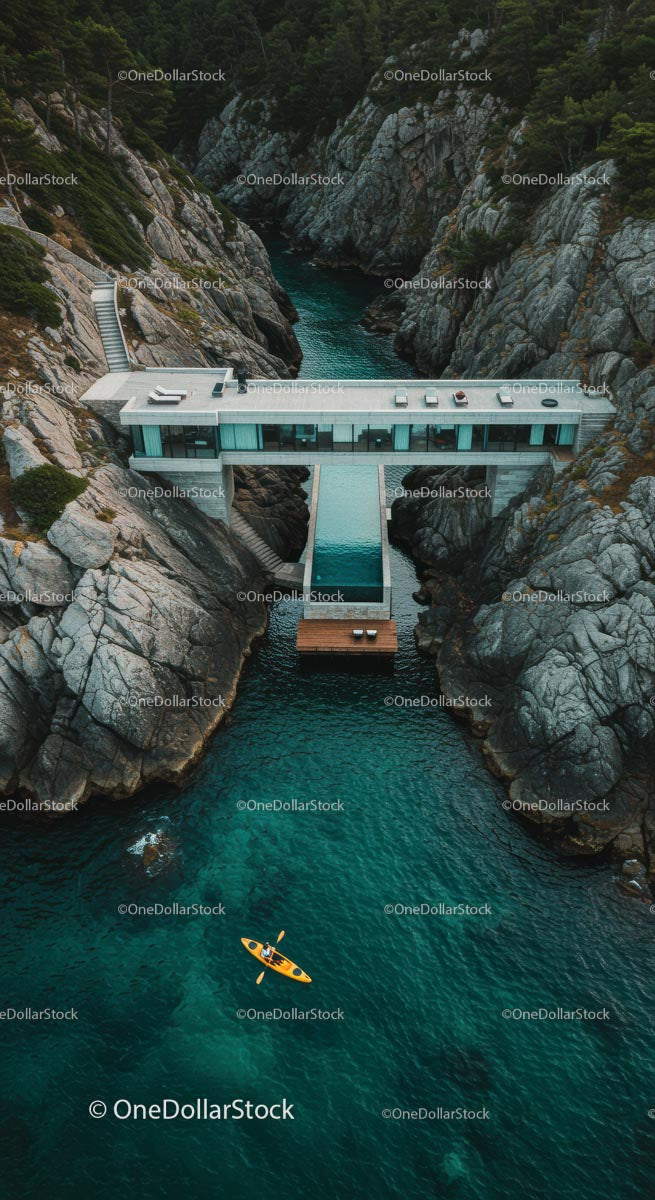 Luxury Cliffside Home with Kayakers on Turquoise Waters