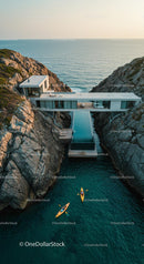 Luxury Cliffside Home with Kayakers on Turquoise Waters