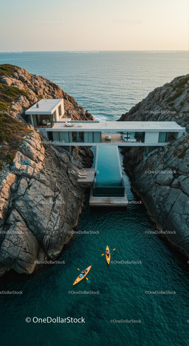 Luxury Cliffside Home with Kayakers on Turquoise Waters