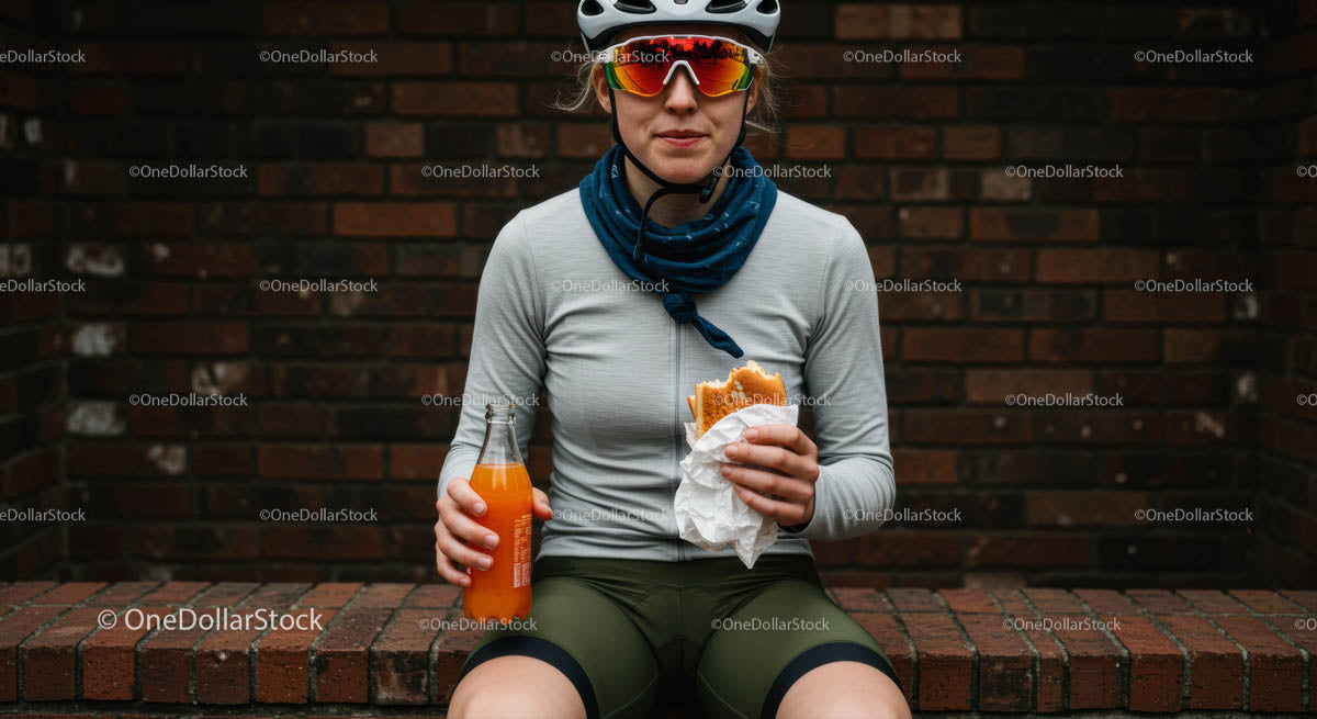 Cyclist Enjoying a Snack Break with Orange Juice
