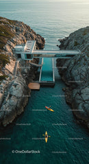 Luxury Cliffside Home with Kayakers on Turquoise Waters