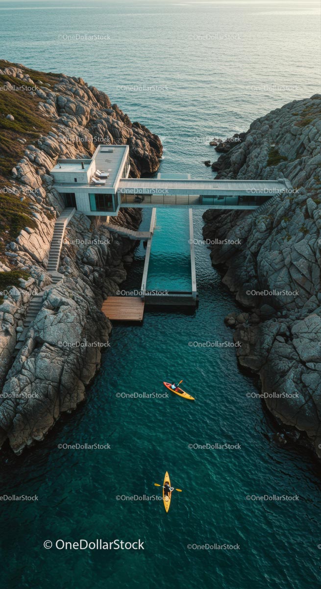 Luxury Cliffside Home with Kayakers on Turquoise Waters