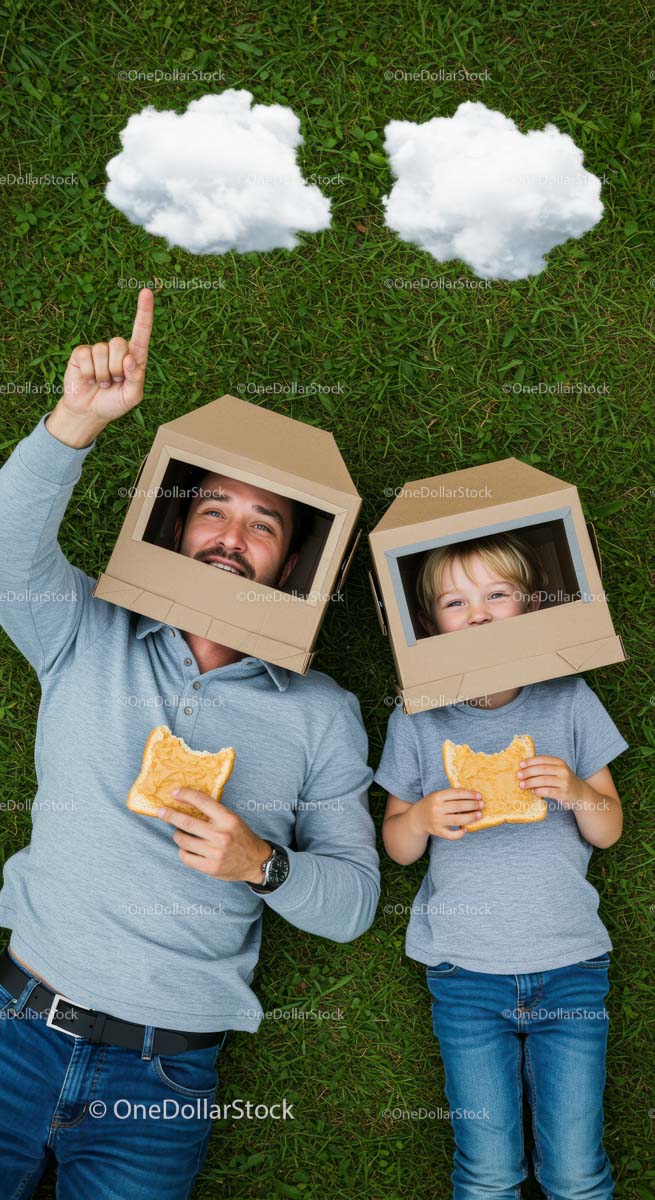 Imaginative Playtime for Father and Son in Cardboard Helmets