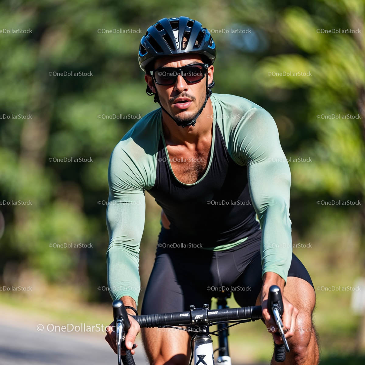 Male Cyclist in Green Jersey Riding Through Sunlit Forest