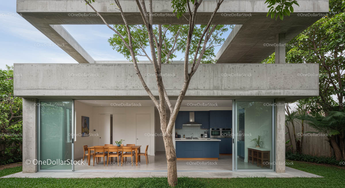 Contemporary Concrete House with Open Dining Area and Greenery