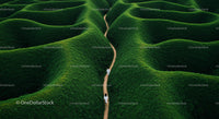 Person Walking Along Winding Path Amidst Lush Green Hills