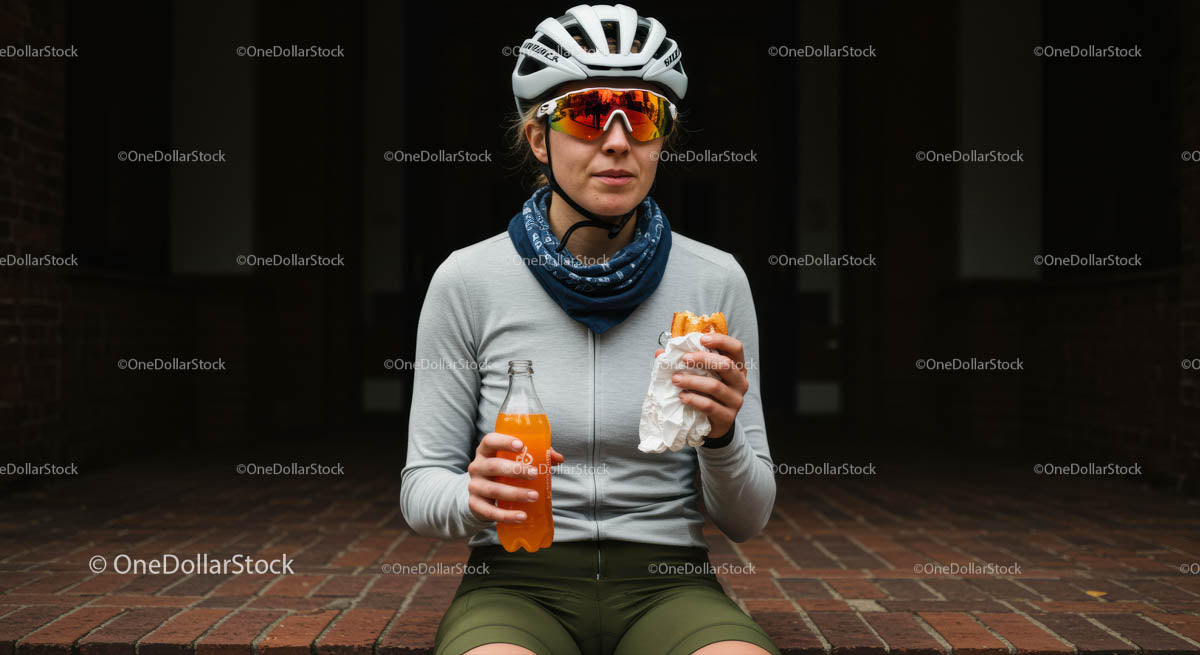 Cyclist Enjoying a Refreshing Break with Orange Drink