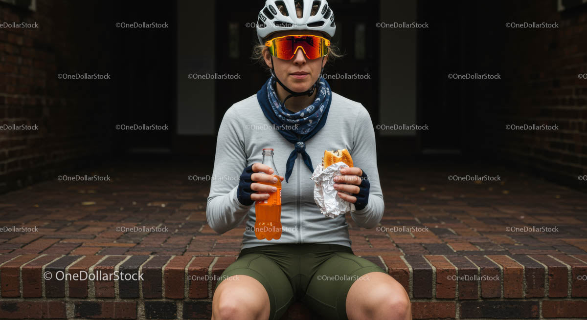 Female Cyclist Taking a Break with Snack and Drink