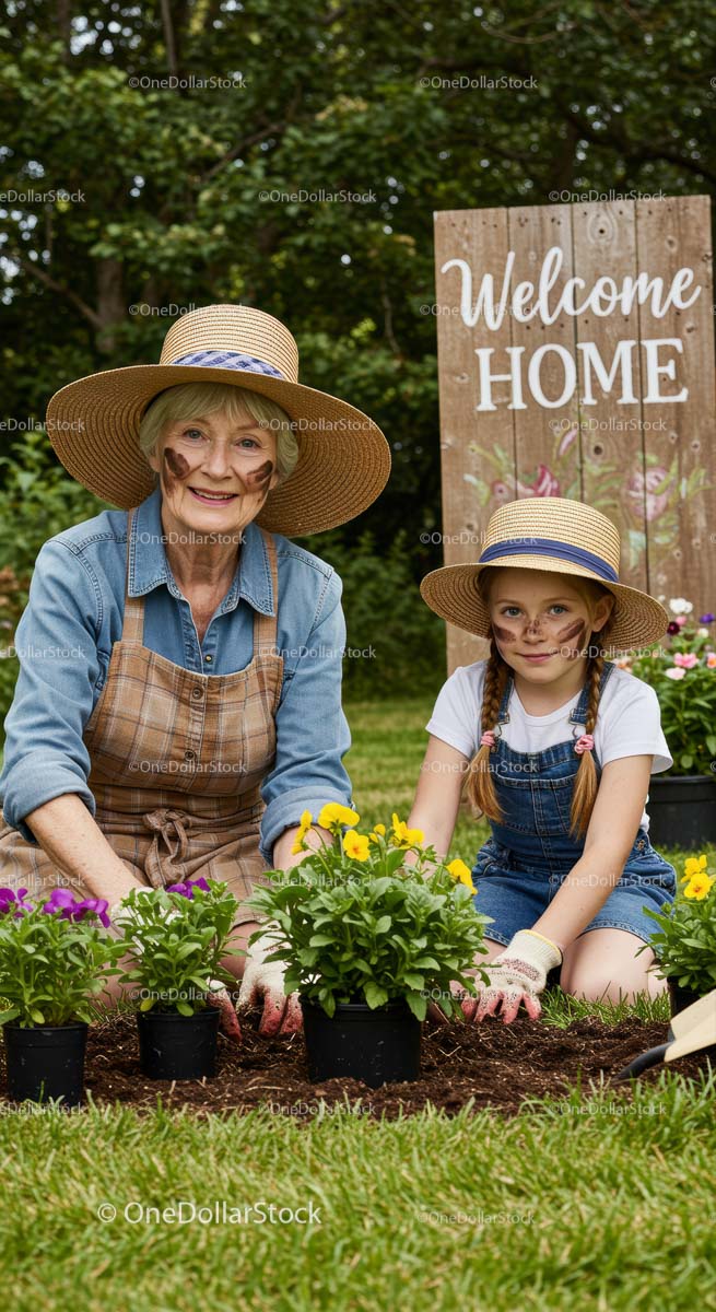 Grandmother and Granddaughter Gardening Together in Summer
