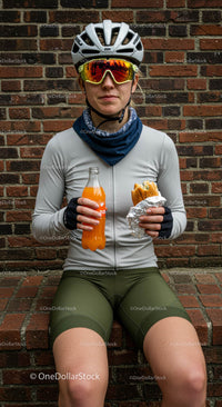 Cyclist Enjoying a Mid-Ride Snack by a Brick Wall