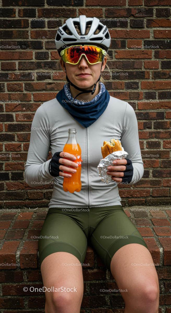Cyclist Enjoying a Mid-Ride Snack by a Brick Wall