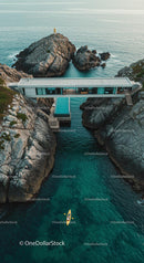 Luxury Cliffside Home with Kayakers on Turquoise Waters