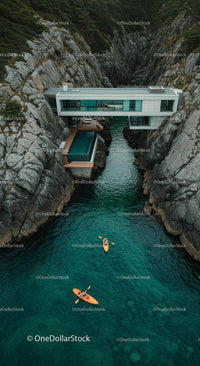 Luxury Cliffside Home with Kayakers on Turquoise Waters