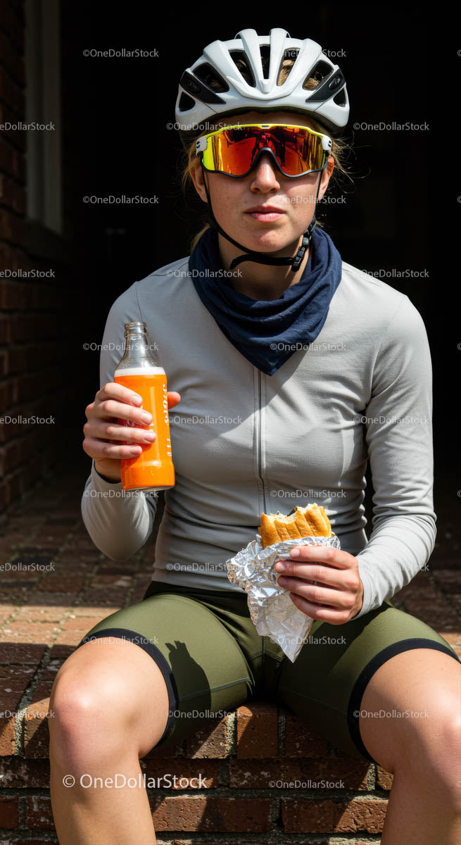 Female Cyclist Enjoying Snack and Drink During Break