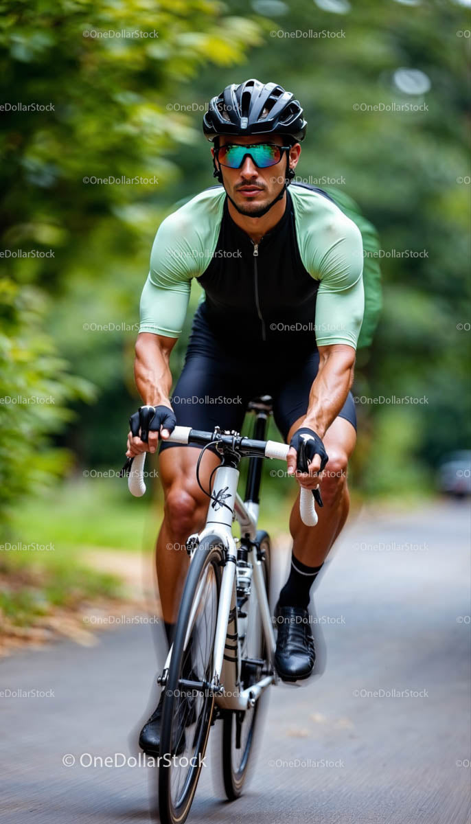 Cyclist Racing on a Scenic Forest Road in Summer