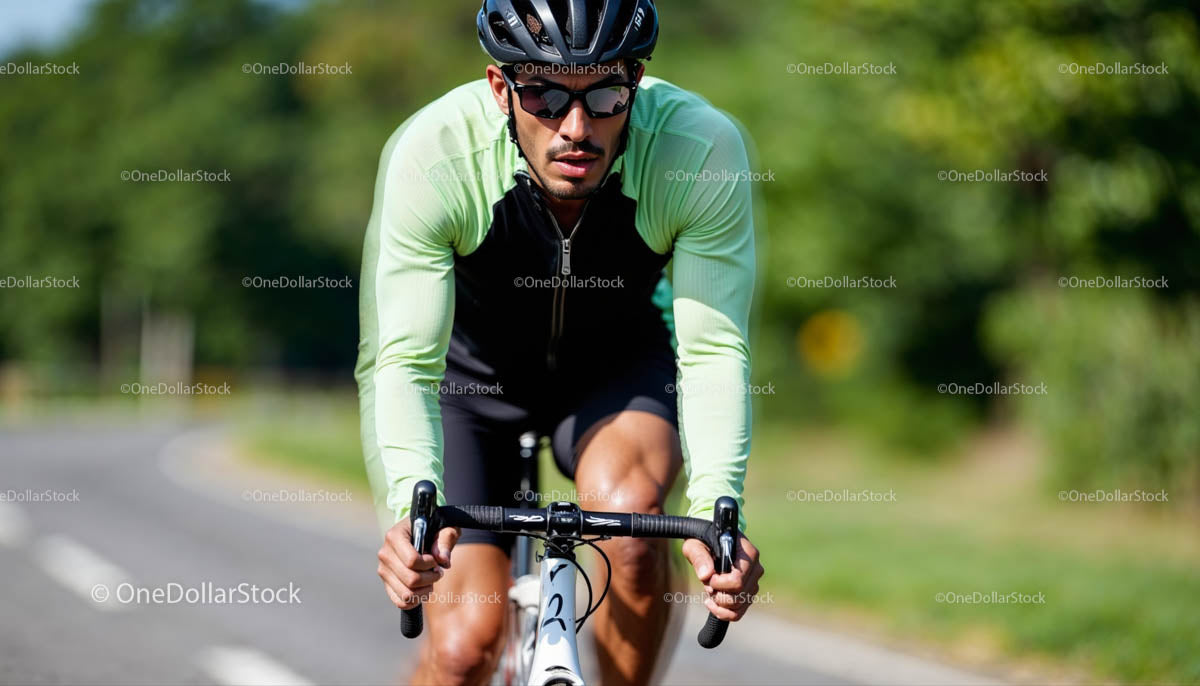 Focused Cyclist Riding Road Bike in Green Jersey