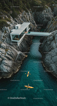 Luxury Cliffside Home with Kayakers on Turquoise Waters