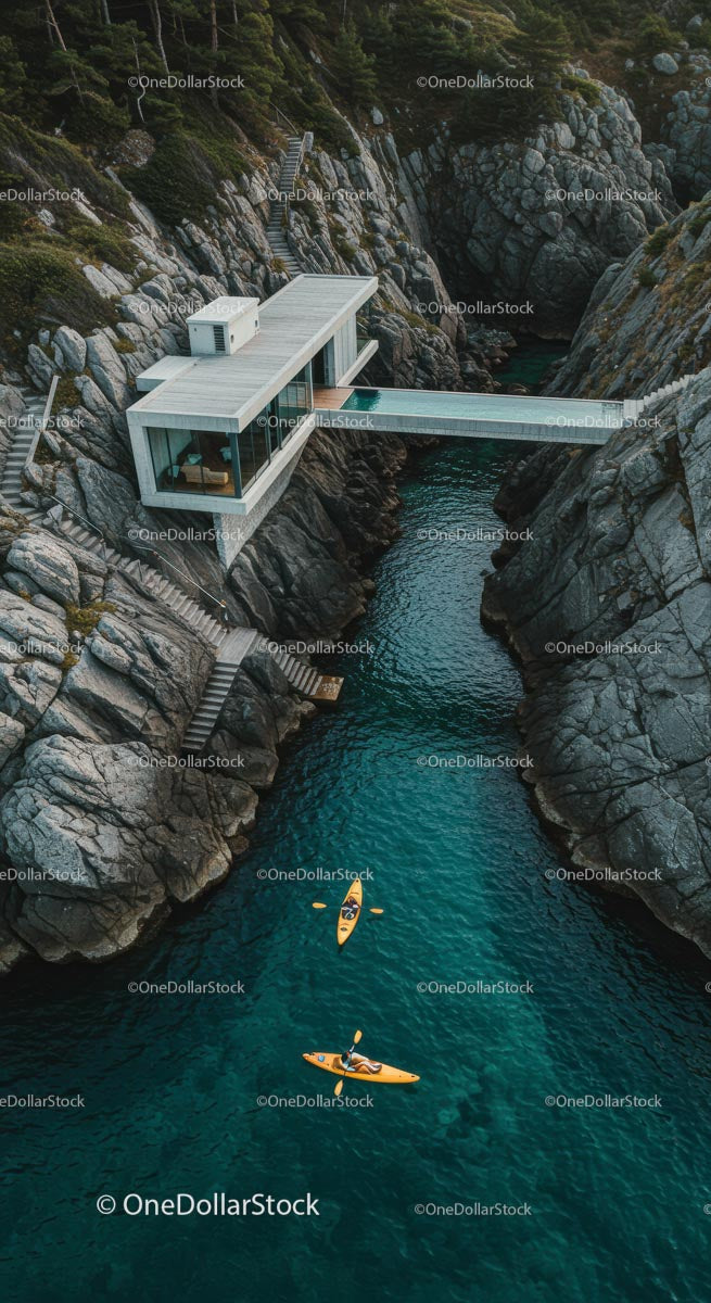 Luxury Cliffside Home with Kayakers on Turquoise Waters