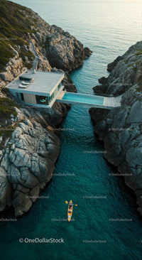 Modern Cliffside House with Kayak in Turquoise Waters