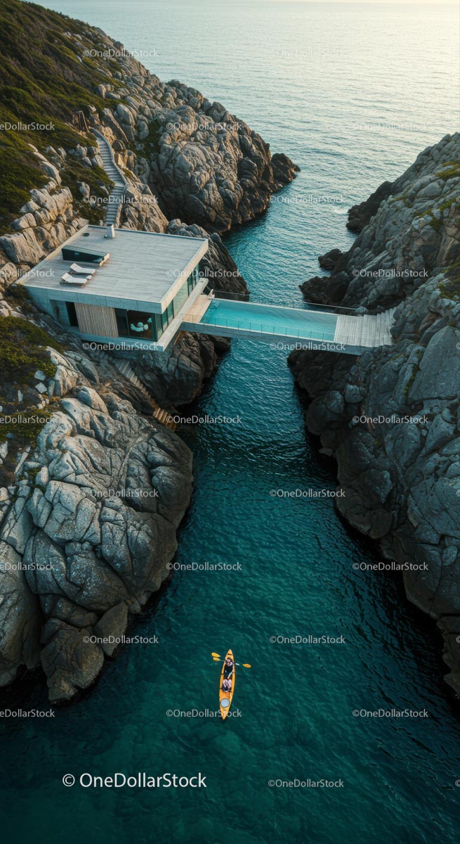 Luxury Cliffside Home with Kayakers on Turquoise Waters