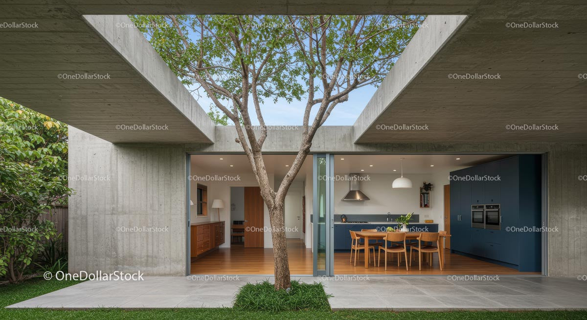 Modern Concrete Structure with Outdoor Dining and Tree Canopy