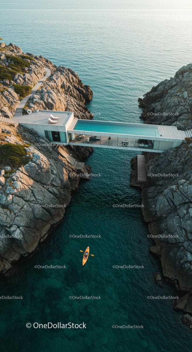 Luxury Cliffside Home with Kayakers on Turquoise Waters