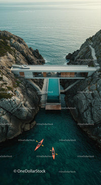 Luxury Cliffside Home with Kayakers on Turquoise Waters