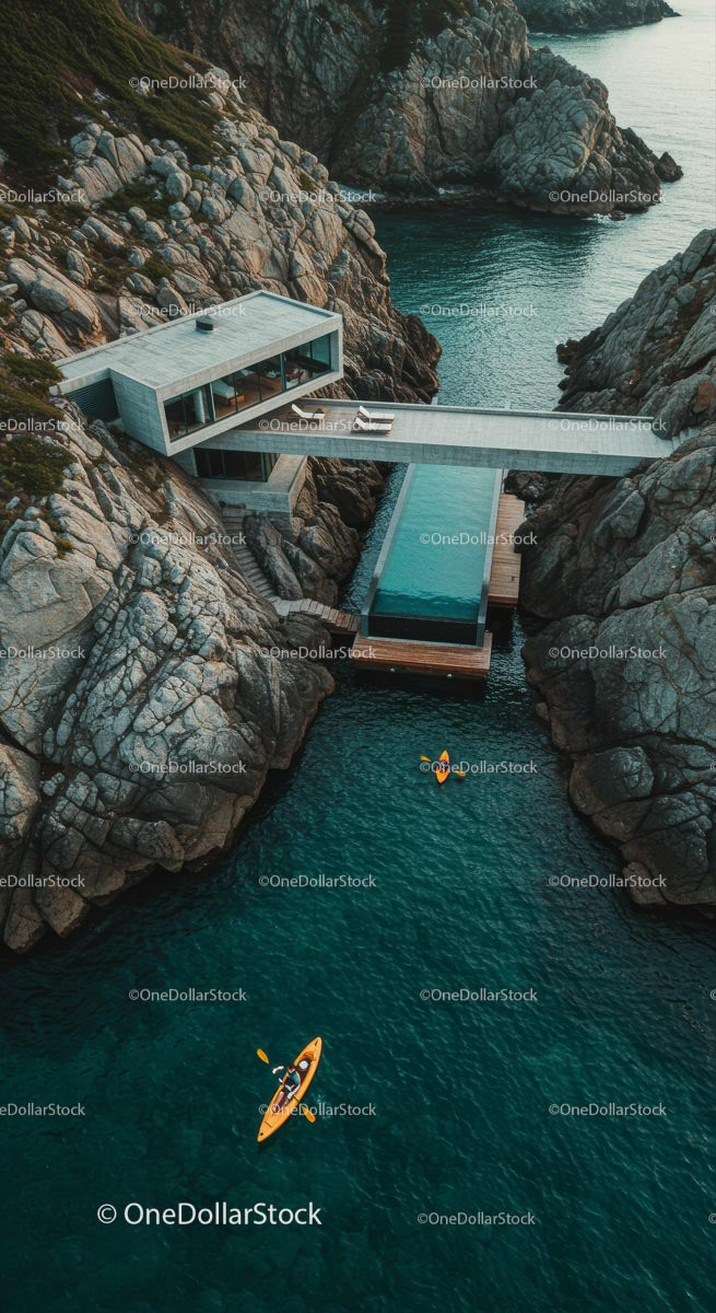 Luxury Cliffside Home with Kayakers on Turquoise Waters