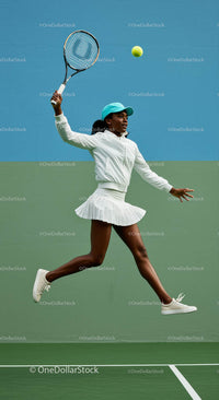 Dynamic Female Tennis Player in Action on Green Court