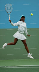 Dynamic Female Tennis Player in Mid-Air Action