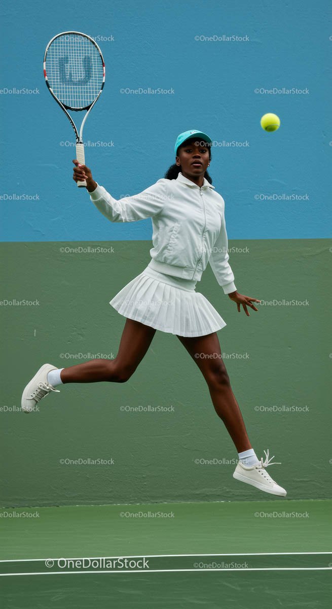 Dynamic Female Tennis Player in Mid-Air Action
