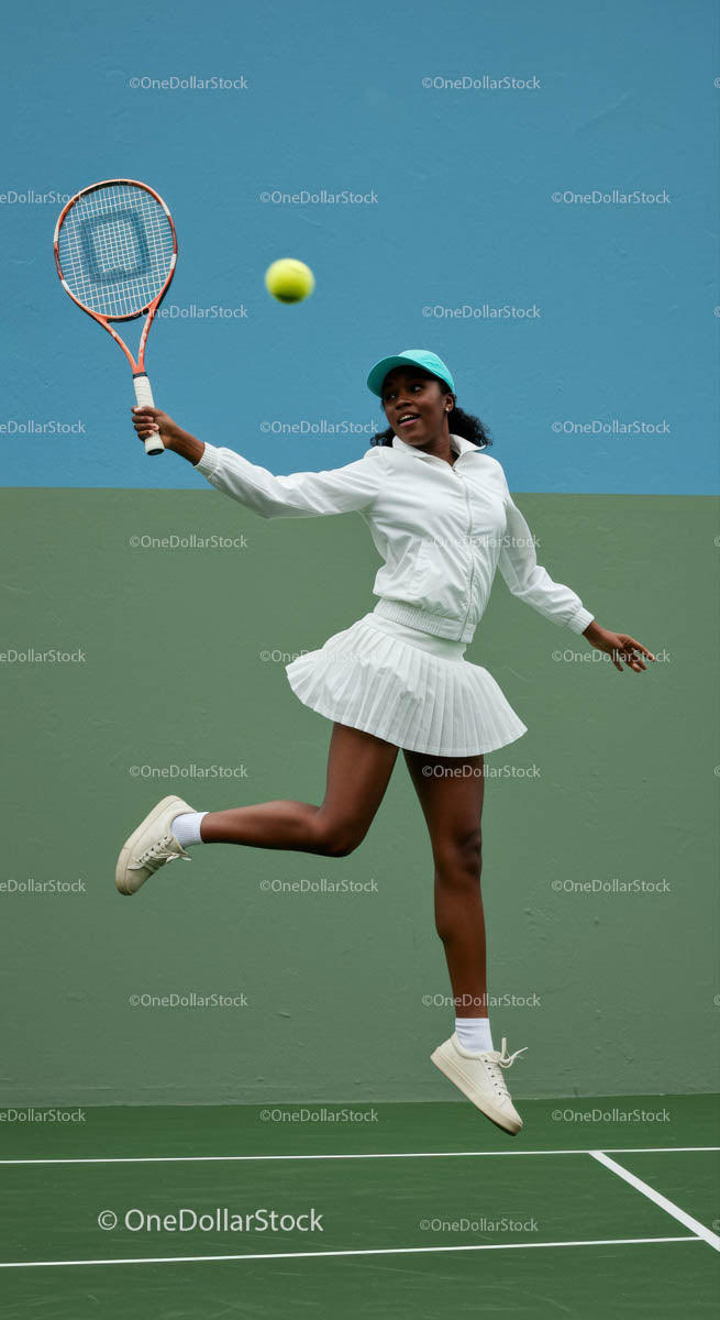 Smiling Tennis Player Jumping on Court