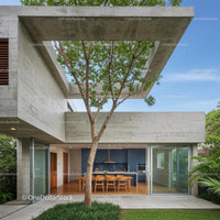 Modern Concrete Structure with Outdoor Dining and Tree Canopy
