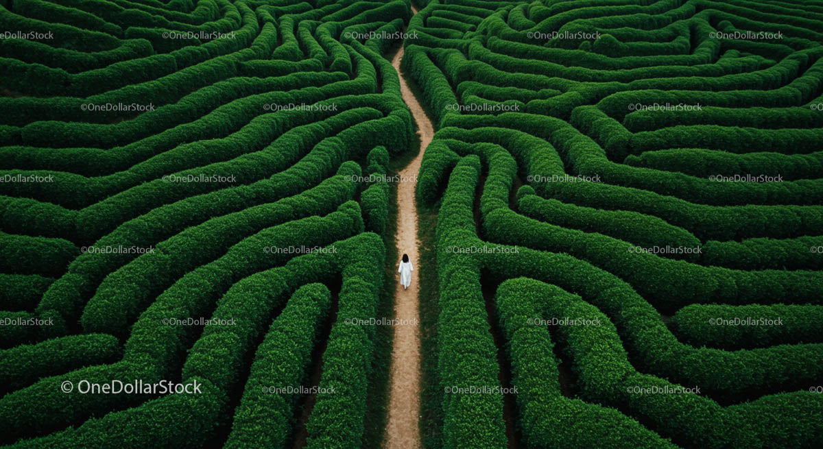 Woman Walking Through a Vast Hedge Maze Adventure