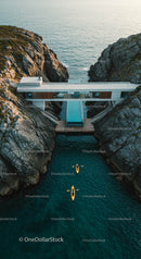 Modern Cliffside Villa with Kayakers in Serene Waters