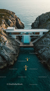 Modern Cliffside Villa with Kayakers in Serene Waters