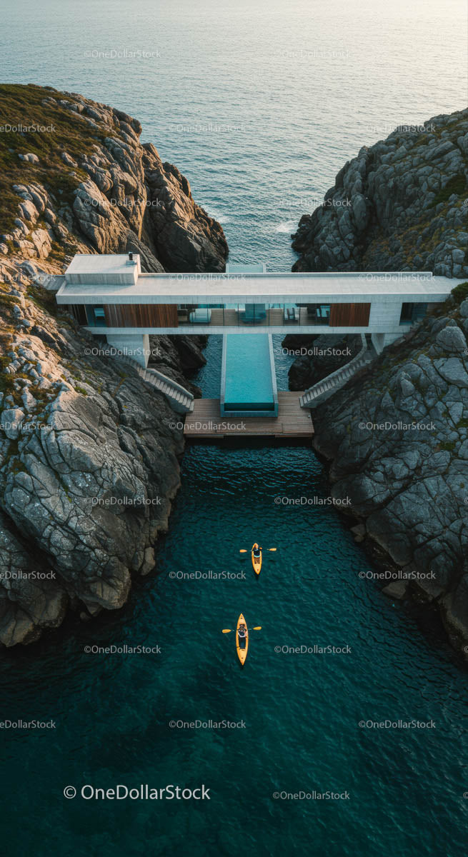 Modern Cliffside Villa with Kayakers in Serene Waters