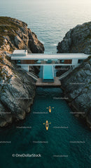 Luxury Cliffside Home with Kayakers on Turquoise Waters