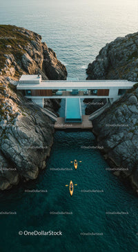 Luxury Cliffside Home with Kayakers on Turquoise Waters
