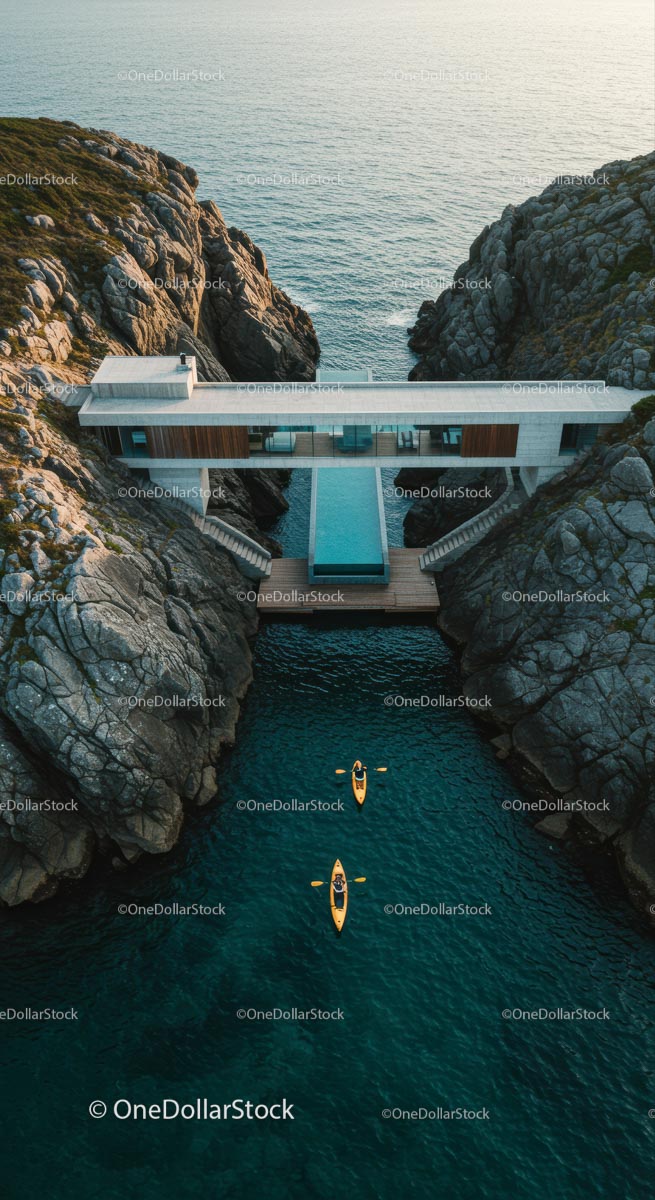 Luxury Cliffside Home with Kayakers on Turquoise Waters
