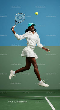 Female Tennis Player in Action with Racket and Ball