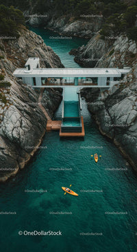 Luxury Cliffside Home with Kayakers on Turquoise Waters