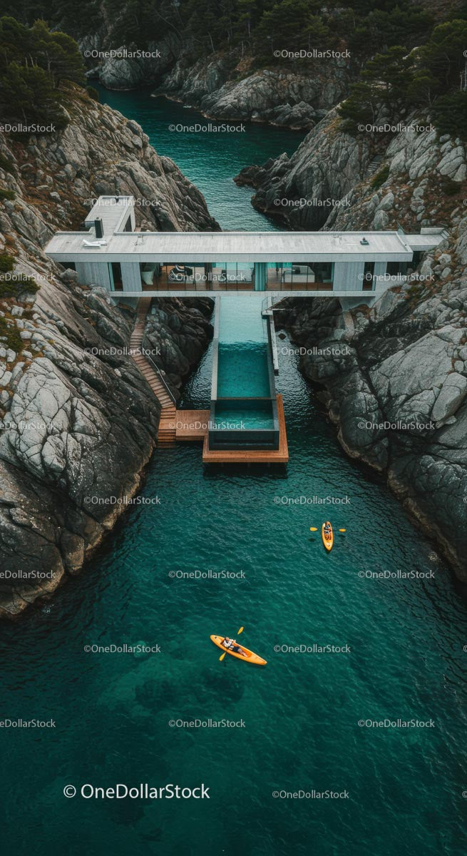 Luxury Cliffside Home with Kayakers on Turquoise Waters